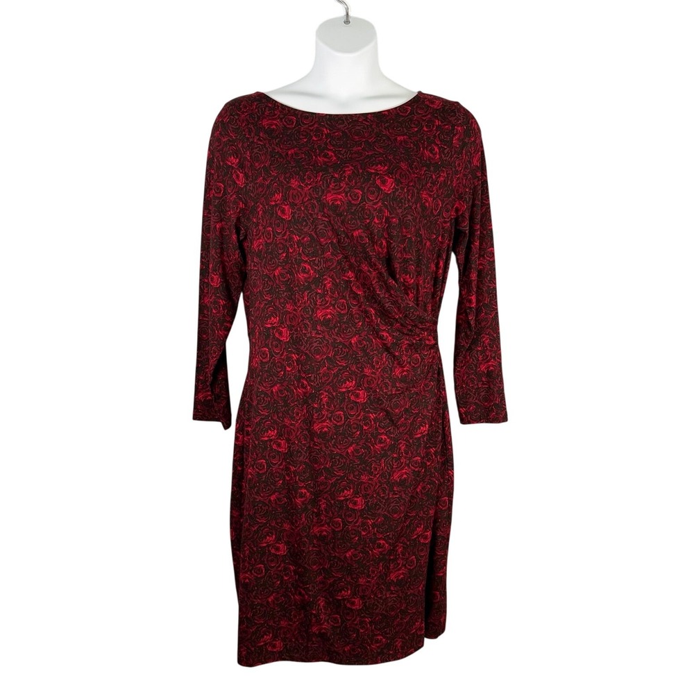 Talbots Long‎ Sleeve Dress Womens XL Red Floral Rose Long Sleeve Faux Wrap